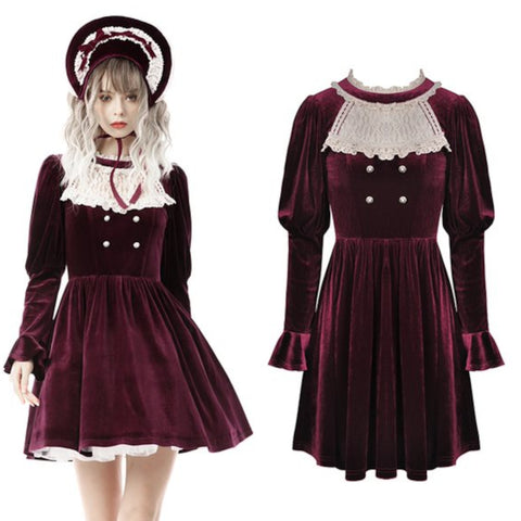 velvet dark red burgundy lolita dress cream lace buttons