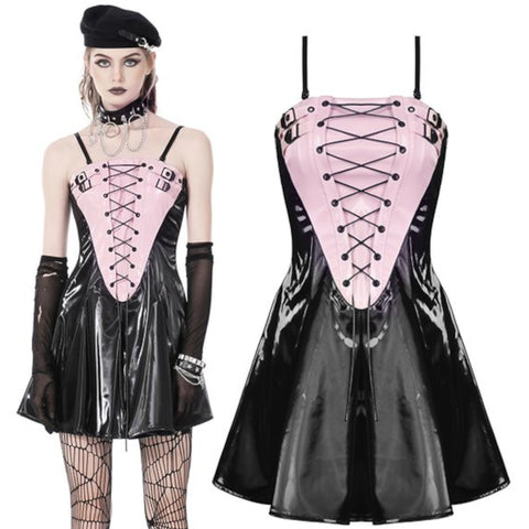 shiny black dress pink corset