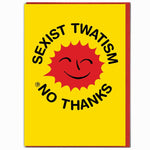 Yellow card with a red sun and black text on a white background