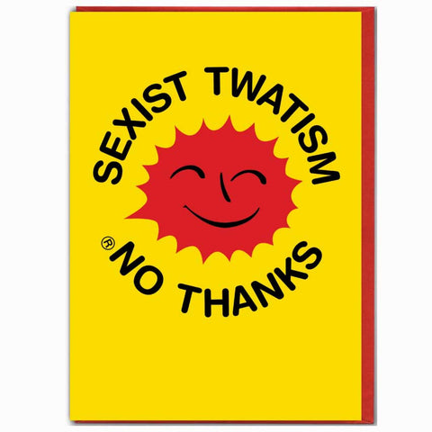 Yellow card with a red sun and black text on a white background